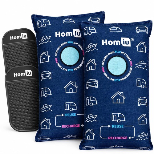 Homiu 2 × 1kg Car Dehumidifier Bags - Reusable Silica Gel Moisture Absorbers wi…