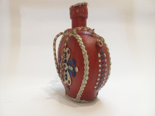 Vintage Leder umwickelt Kantine Flachmann Weinflasche Dekanter Jugoslawien Glas - Bild 12 von 13