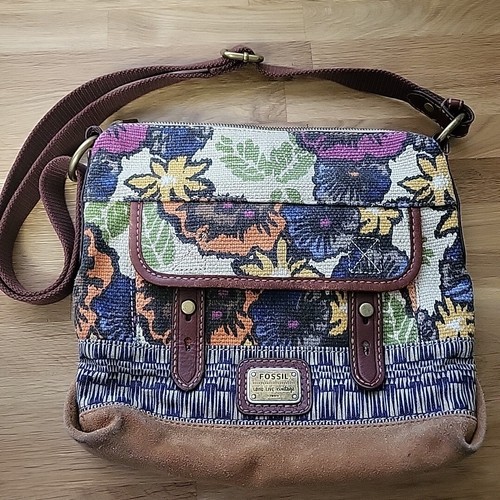 Fossil Floral Canvas Leather Suede Shoulder Bag Boho Ikat Orange Purple Brown