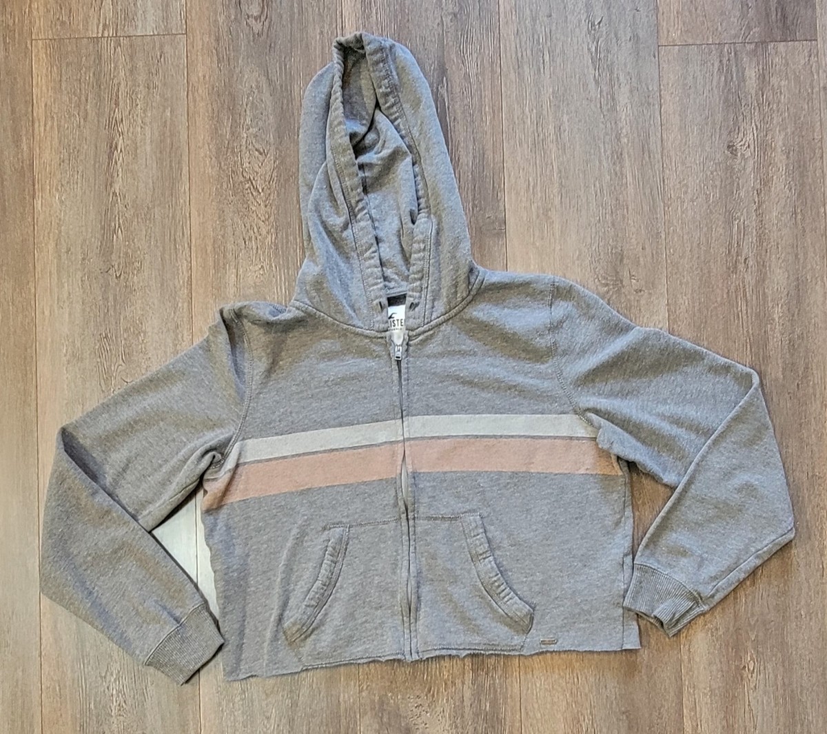 Hollister Womens Size L Gray Striped Cropped Full Zip Hoodie