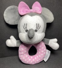Disney Baby Minnie Mouse Rattle Plush Pastel Pink Gray 6  Bow Lashes