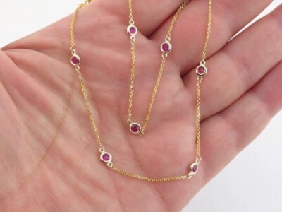New Station Necklace 1Ct Pink Ruby in 14K Yellow Gold Plated 925 - Bezel Set