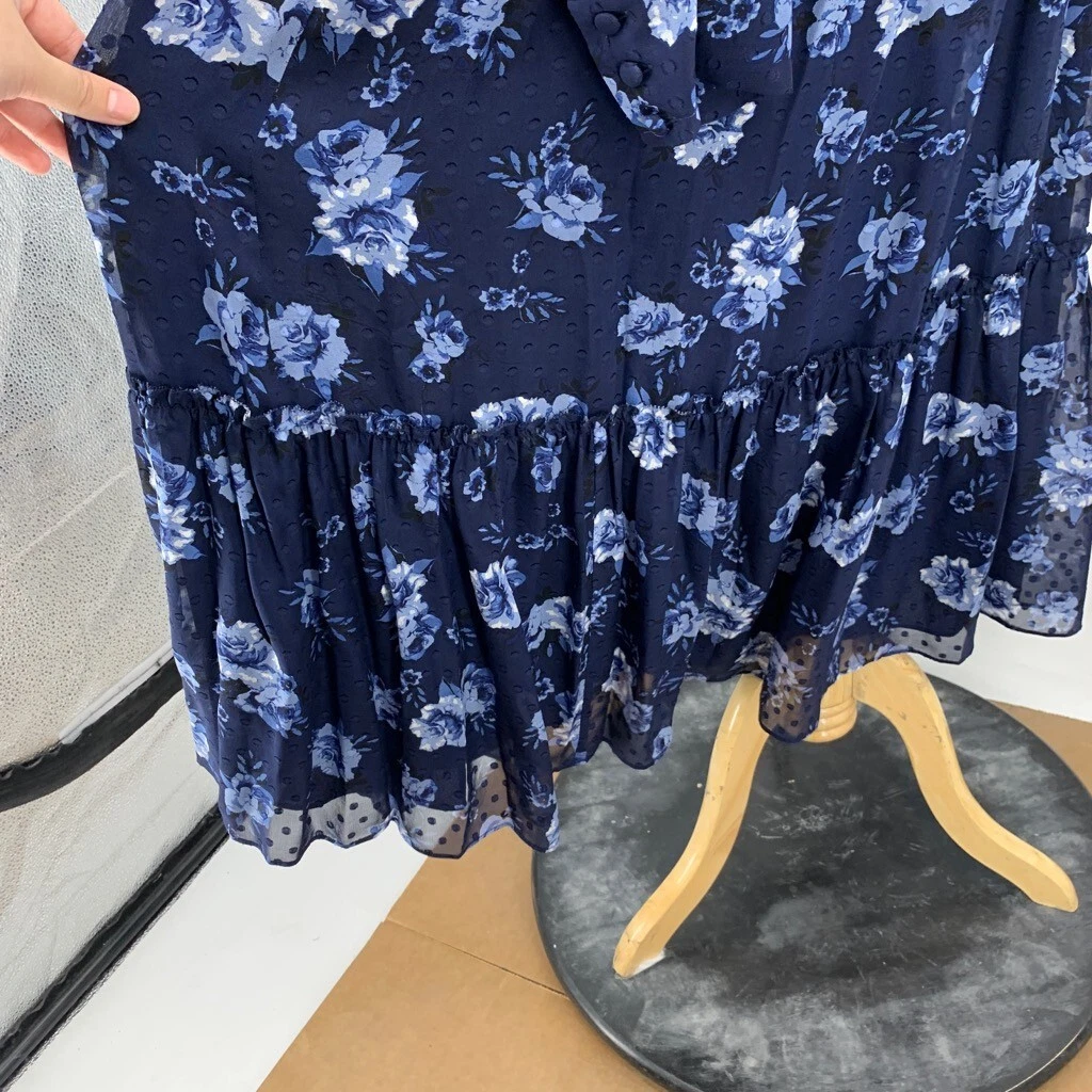 Abito donna Kate Spade 12 volant seta blu navy floreale maniche trasparenti a strati midi