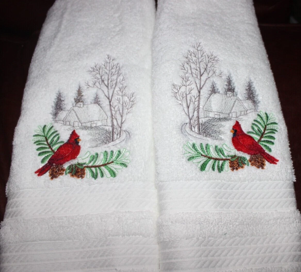 Winter Cardinal Bird Bathroom HAND TOWELS EMBROIDERED SET