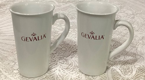 Set Of Two Gevalia Coffee Tall Ceramic White Coffee Mugs 16oz