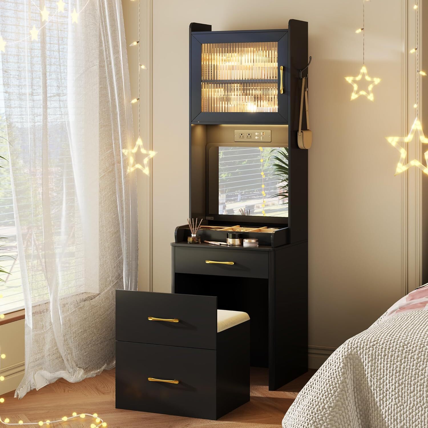Vanity Desk Set with LED Mirror Hidden Stool Drawers and Power Outlet