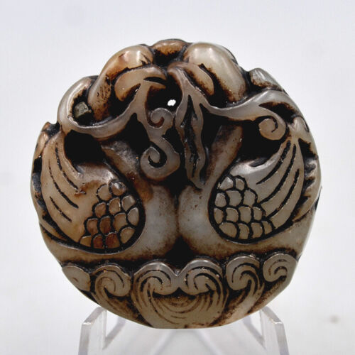 Chinese Collection Old Jade Xiuyu Hollowing Out Mandarin ducks Pendants 7.82" - Afbeelding 1 van 8