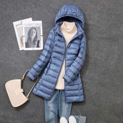 Women's 90% Duck Down-Ultralight Ladies Hoodie Long Hooded Jacket  Puffer-Coat UK