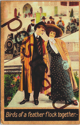 1909 ''Birds of a feather flock together'', trains, romantic postcard jj342