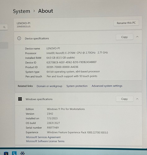 Lenovo ThinkPad P1 Gen1 Type20MD -15.6” Intel Xeon E-2176M 64GB RAM 3TB (2 SSDs) - Picture 4 of 9