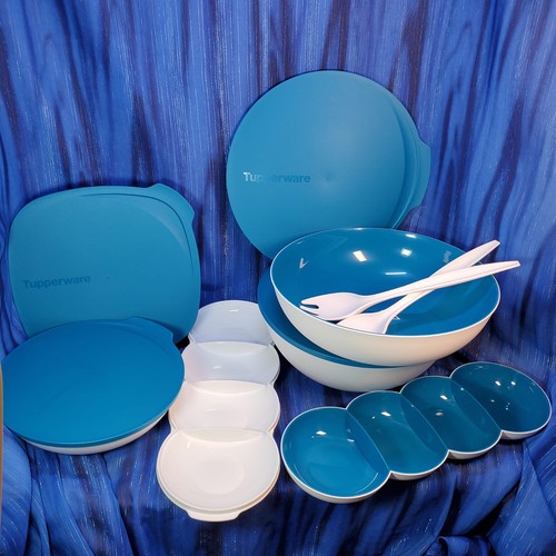 Tupperware Chic Dining Serving Bowl Set White with Peacock Teal Seals NEW - Picture 2 of 6