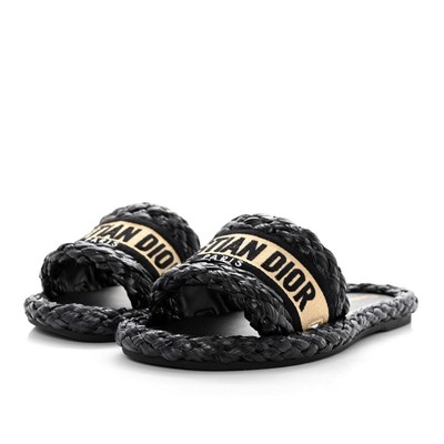 Christian Dior Raffia Embroidered Dway Mules Slide Sandals Size 36.5