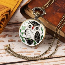 Steampunk Owl Bronze Quartz Pocket Watch Necklace Chain for Women Kids Gifts
