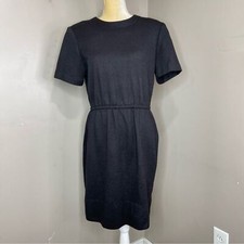 Vintage Women Black Dress button Back Medium Shoulders Pad Elastic Waist