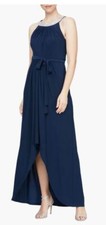 SL Fashions NAVY Women's Embellished Tie Belt High-Low Dress, US 6, NWOT