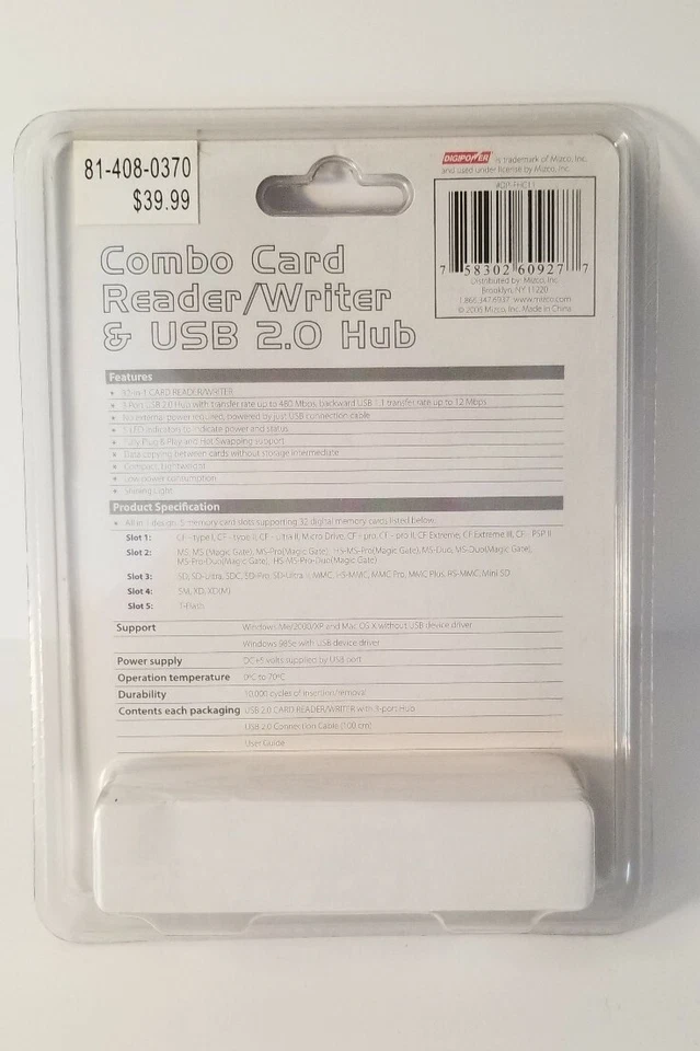 Combo lector/escritor de tarjetas y concentrador USB 2.0 nuevo en paquete Foto 2 de 3