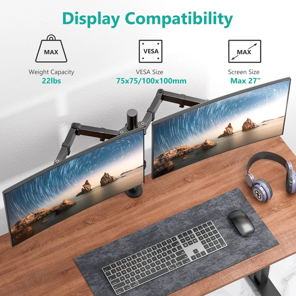 WALI Dual LCD Monitor Fully Adjustable Desk Mount Stand Fits 2 Screens up to 27 - Image 2 of 4