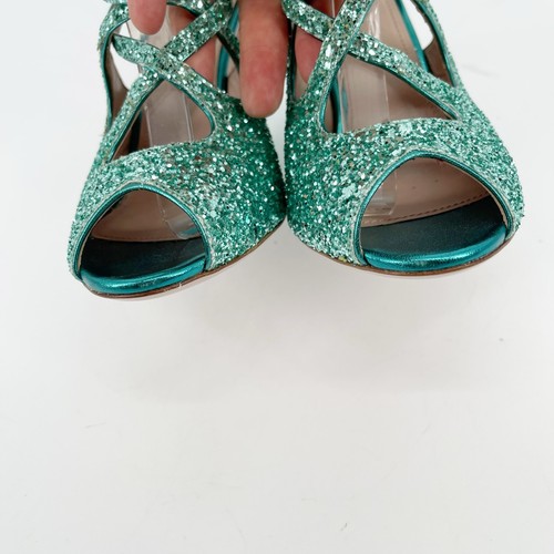 Miu Miu Aqua Blue-Green Coarse Glitter Buckled Open-Toe Strappy Sandal IT 39 - Picture 7 of 11