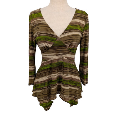 90s Y2K Asymmetric Babydoll Top XL Green Brown Stripe Tie Back Grunge Goblincore