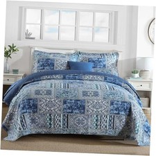 King Size Quilt Set, Navy Blue Quilt Set King 106"x98" Boho Floral Plaid Blue