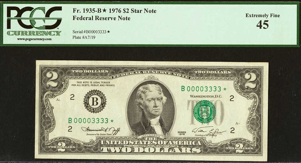 1976 $2 Federal Reserve Note PCGS 45 - Double Quad Star Serial Number 00003333* - Image 2 of 3