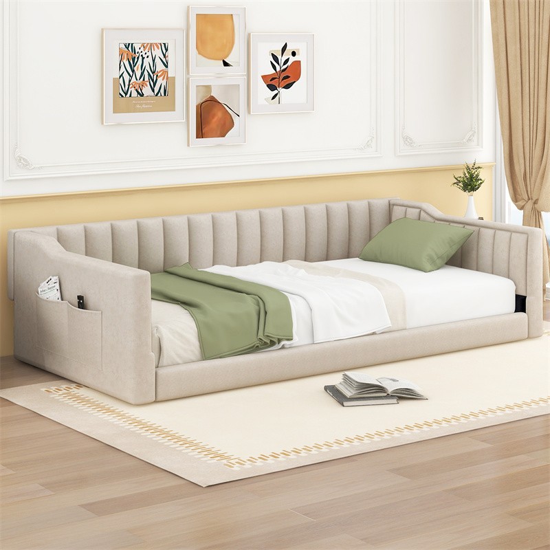 Twin XL Size Upholstery Daybed w/Side Storage Pocket Modern Wood Sofe Bed Frame 