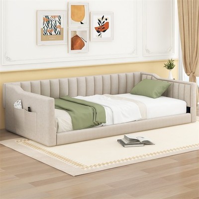 Twin XL Size Upholstery Daybed and Side Storage pocket,Beige