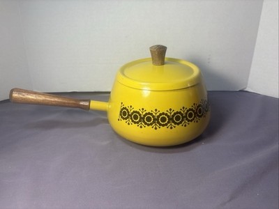 Vintage MCM Sauce Pan Pot Mustard Yellow Enamel Lid Wood Handle Japan
