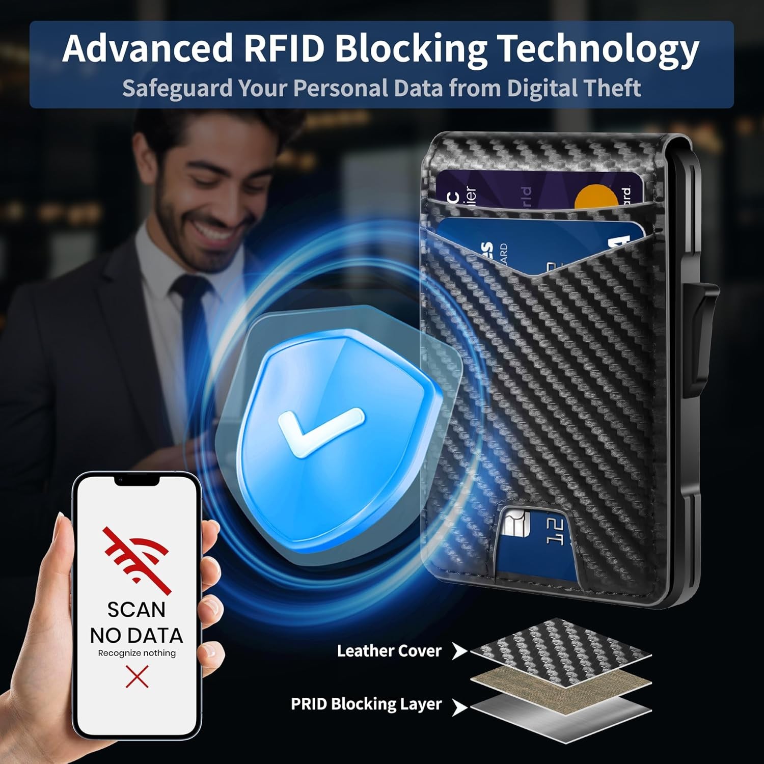 Men's Slim PopUp Bifold Carbon Fiber Wallet, RFID Blocking, Money Clip, Men Gift