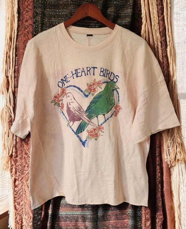 Distressed birds cotton bohemian Shirt Blouse boho free Style T-shirt Top M