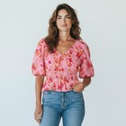 LOFT Pink Floral Smocked Waist Puff Sleeve Blouse Top Medium NWT 37036782
