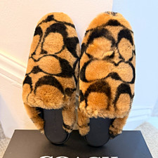 Coach Women's Logo Pattern Fur Slip-On Slippers Brown/Black US 6 Flat
