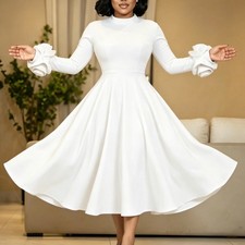 Women's Fall Long Sleeve Dresses 3D Floral Swing Pleated A Line Party Midi Dress
