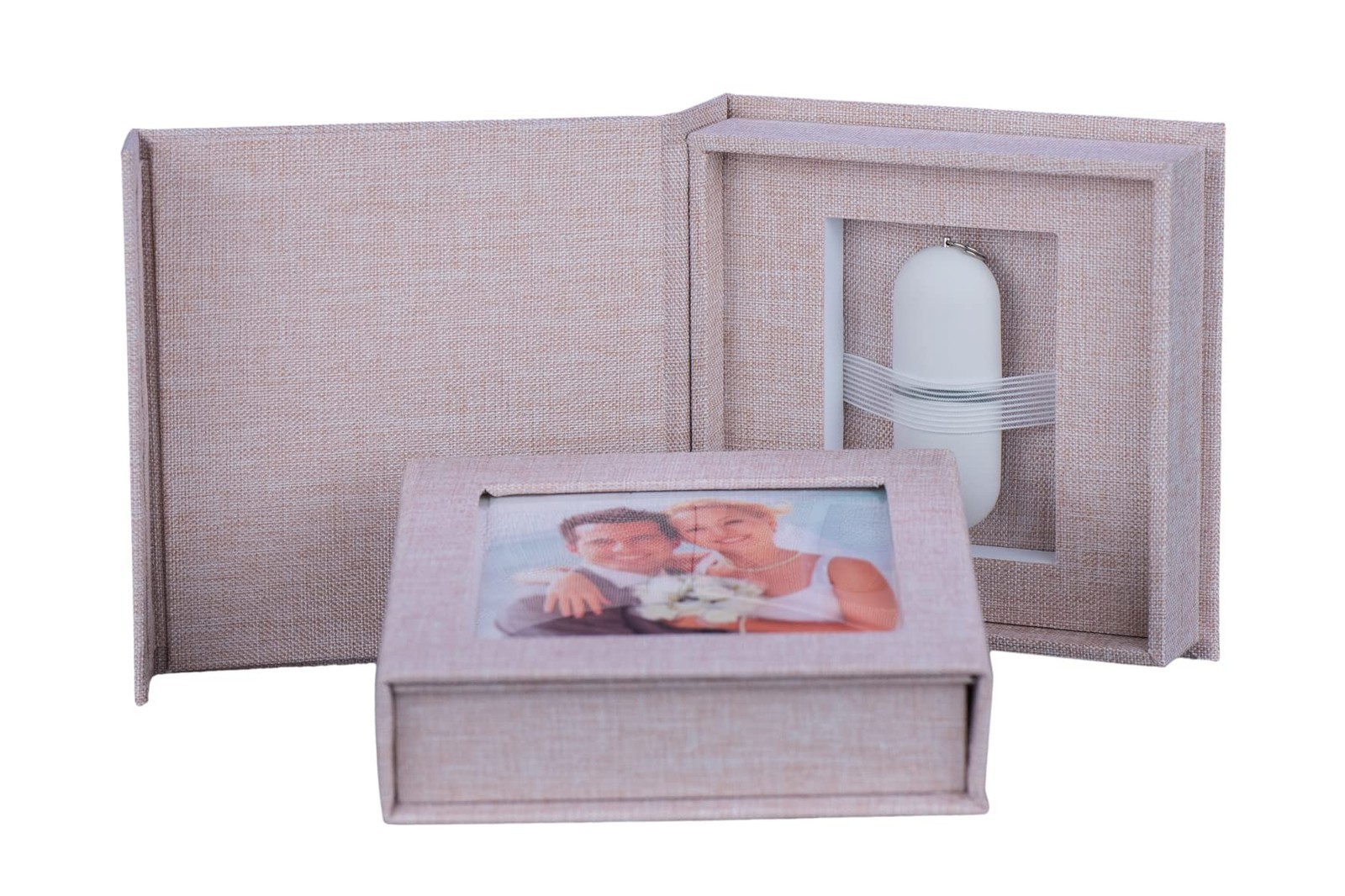 Coffret USB mariage noir de luxe avec fenêtre photo en papier d'art texturé