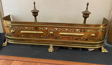 Antique Victorian 44" French Pierced Brass Fireplace Fender w/ Rare Lion Paws Ft