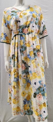WATERCOLOUR sz M L 12 14 Pastel Floral MAXI DRESS Waist Cinch Tie V-neck #C5 - Picture 4 of 11