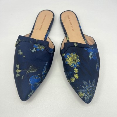 Who What Wear Navy Floral Mules Womens 9 Pointed Toe Brocade Flat Slides Regency