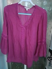Counterparts Women's Cotton Deep Pink XL 3/4 Bell Sleeve Crochet Trim  VNeck 