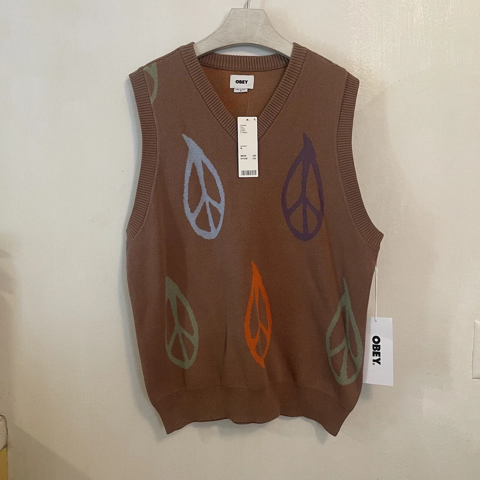 Obey Sweater Vest Peaced Men’s Medium Brown Peace Signs New With Tags Pullover - Image 3 of 4