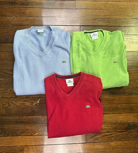 Lacoste Sweaters - Lot Of 3 - Mens 5 Medium Green V-neck Long Sleeve Cotton Logo