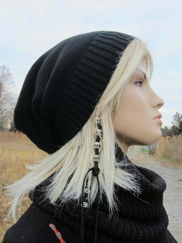 Extra Long Black Beanie Tam Cotton Knit Hat Bohemian Clothing Leather Tie Back - Picture 3 of 11