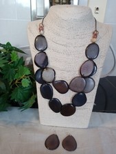  Tagua nut, Acai Seed Necklace Set  2 Strands, Earrings, Dark Grey Hues, Ecuador