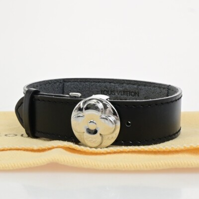LOUIS VUITTON Good Luck Bracelet Bangle Monogram Leather Black