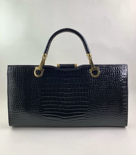 Hilmar Vintage 1960s Black Moc Croc Leather Handbag Suede Lined & Large Mirror - Picture 7 of 23