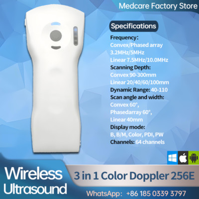 Color Doppler 256 Elements Wireless Ultrasound 3 in 1 Probe Linear/Convex