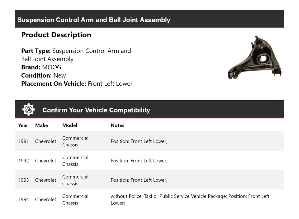 Brazo de control de chasis comercial delantero izquierdo inferior MOOG para Chevrolet 1991-1994 Foto 2 de 4