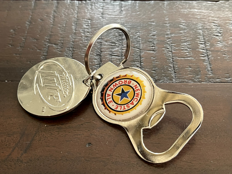 NEWCASTLE BROWN ALE KEY CHAIN BOTTLE OPENER  + MILLER LITE  DISC FOB