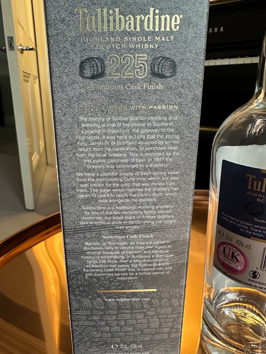 Empty Tullibardine 225 Sauternes Cask Single Malt Whisky Bottle