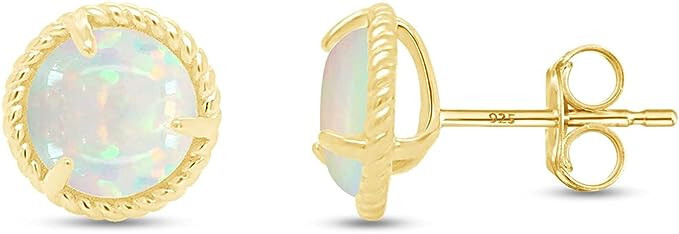 7MM Claw-Set Rope Framed Created Opal Martini Stud Earrings In 14K Gold Plated