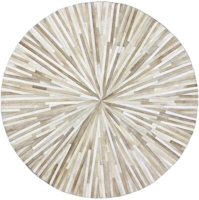 100% Cowhide Leather Rug   Handmade Round Beige Stripe Patchwork Area Carpet
